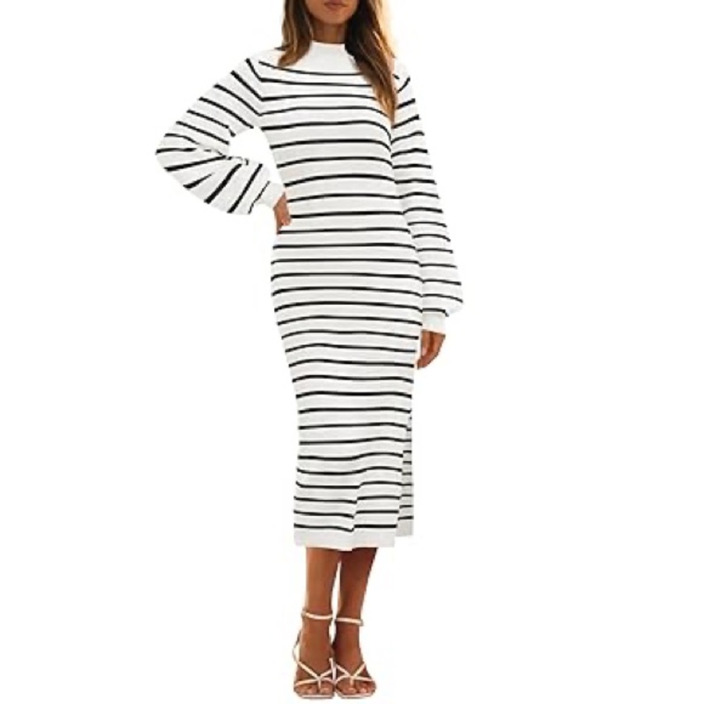 MIROL Mujer Mock Neck Striped Dress Long Puff Sleeve Side Slit Knit Sweater Sz L